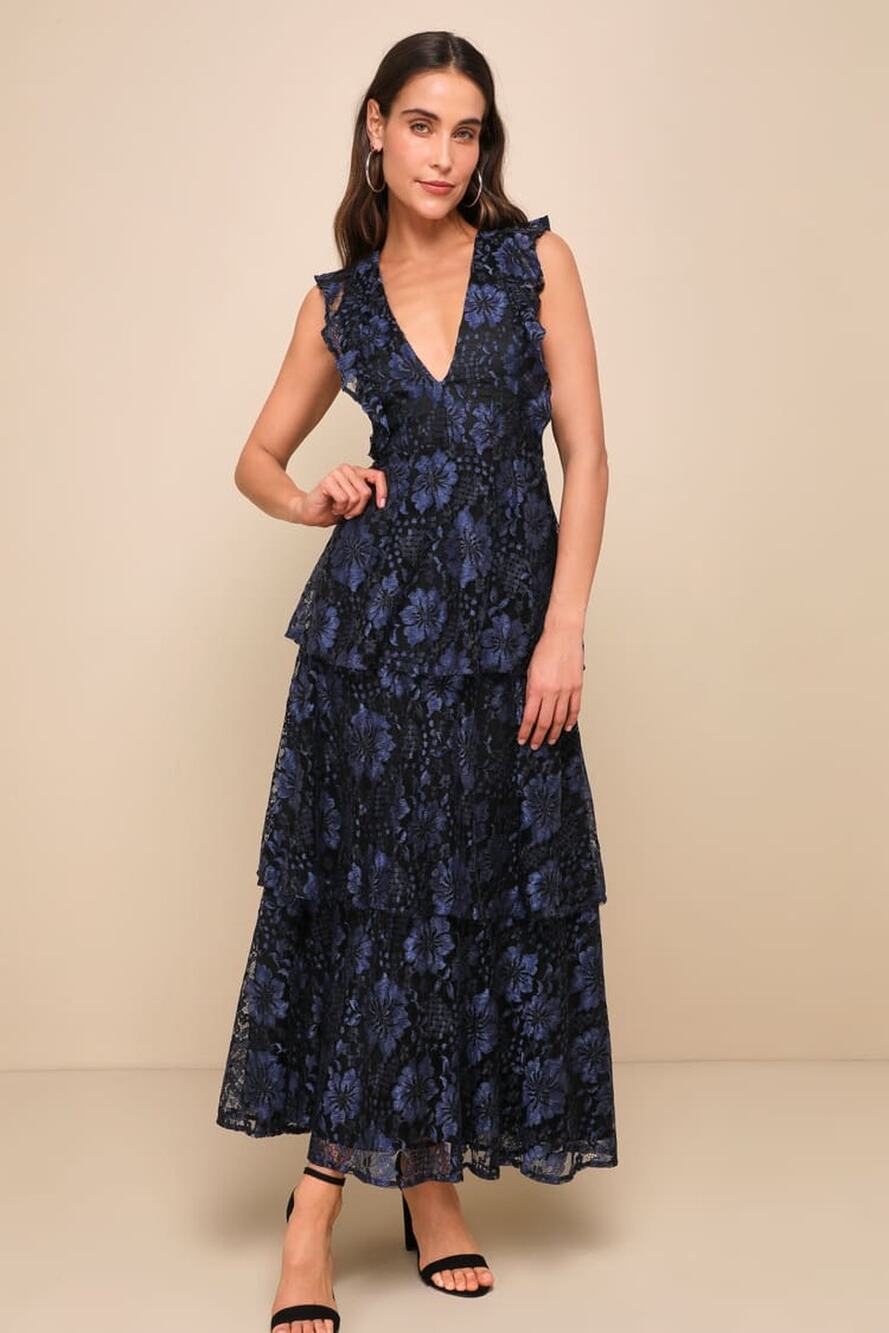 NWT Lulus Molinetto Navy Blue Lace Ruffle Tiered Sleeveless Maxi Dress Cruise S